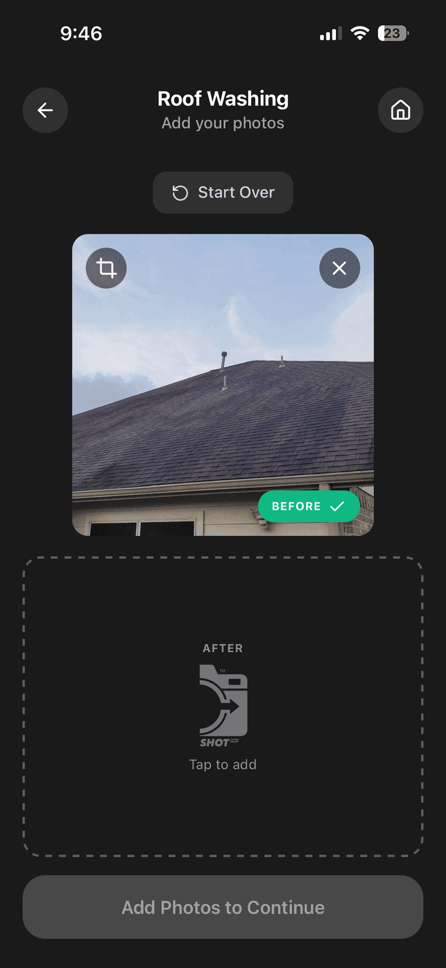 ProofShot Pro capture screen showing before photo added