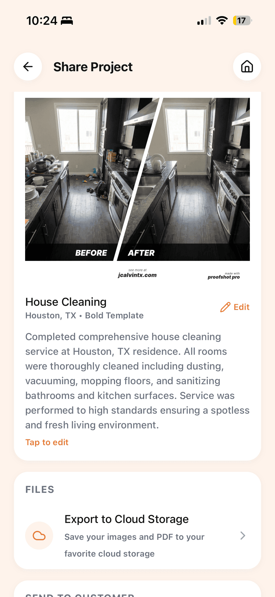 ProofShot Pro app showing a cleaning services project