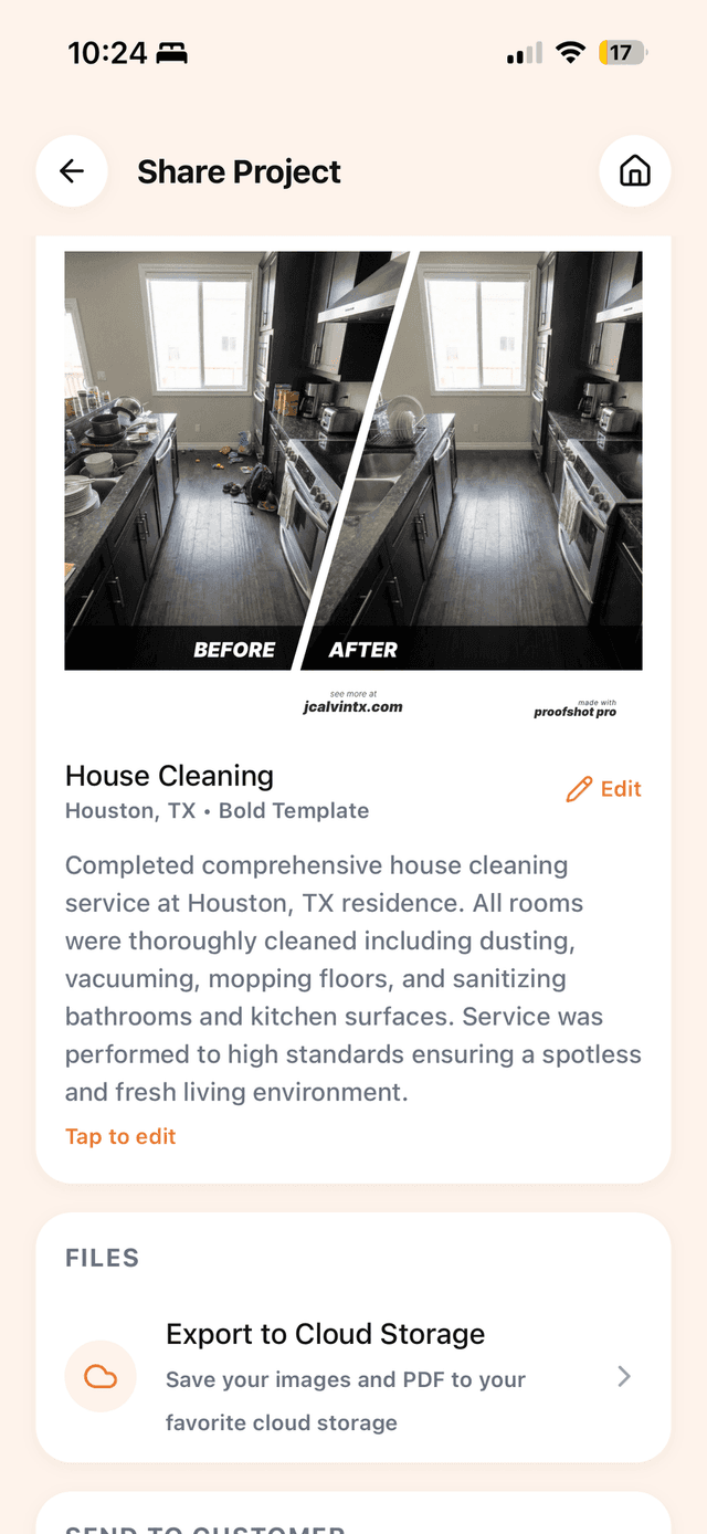 ProofShot Pro app showing a cleaning services project