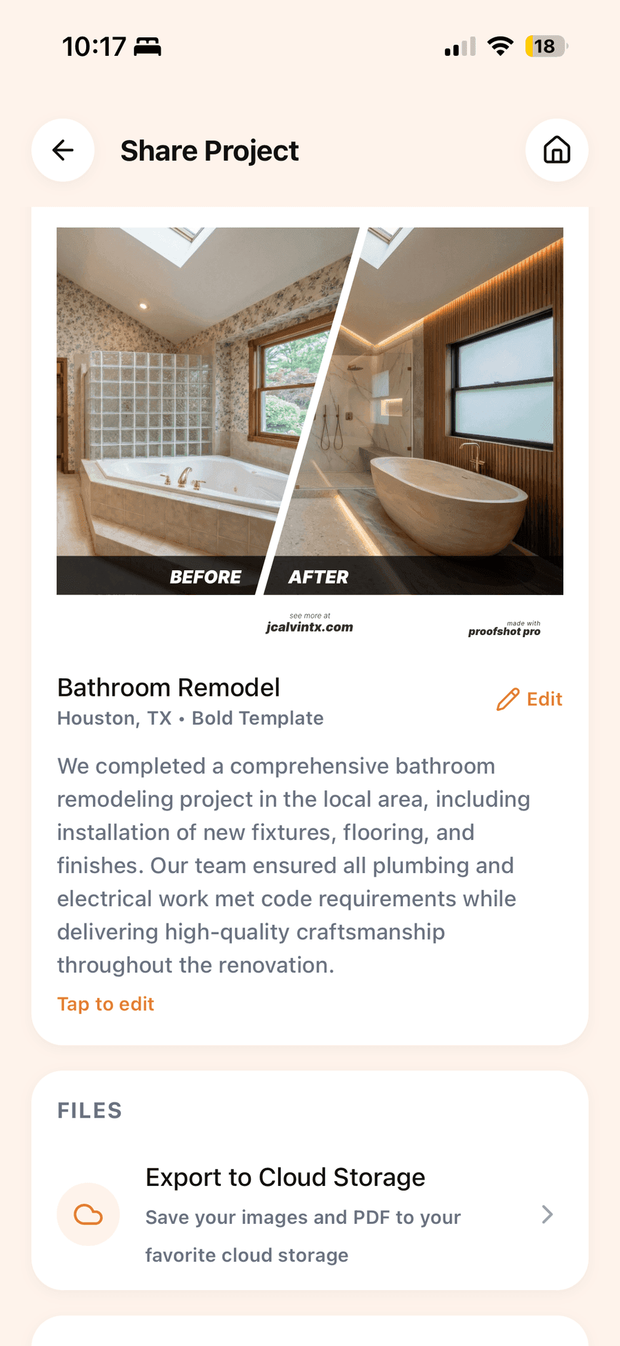 ProofShot Pro app showing a home remodeling project