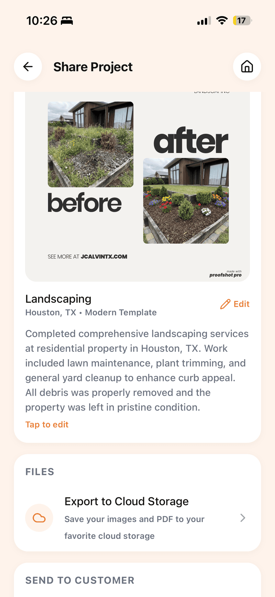 ProofShot Pro app showing a landscaping project