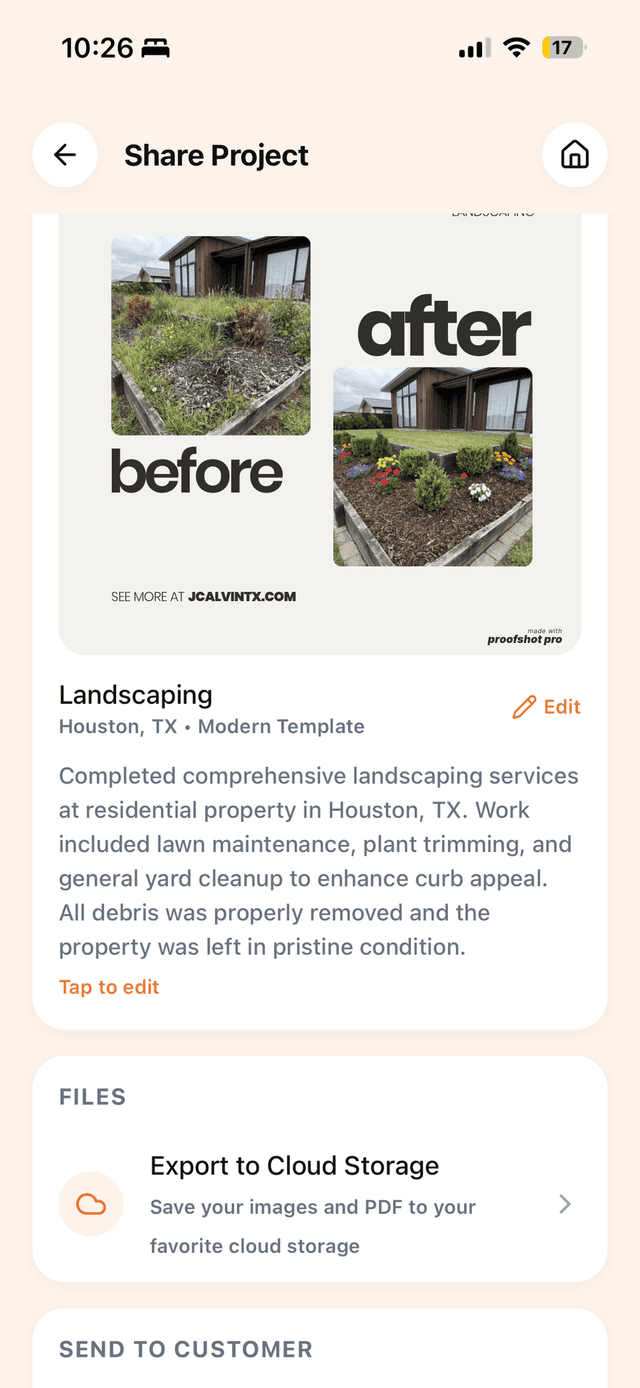 ProofShot Pro app showing a landscaping project