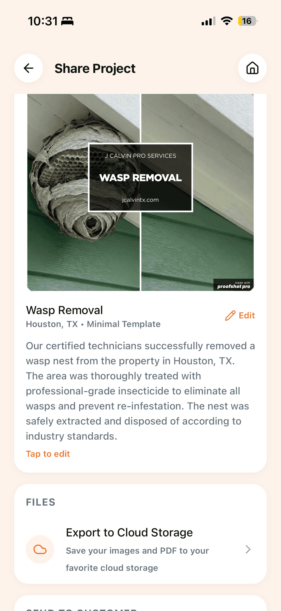 ProofShot Pro app showing a pest control project
