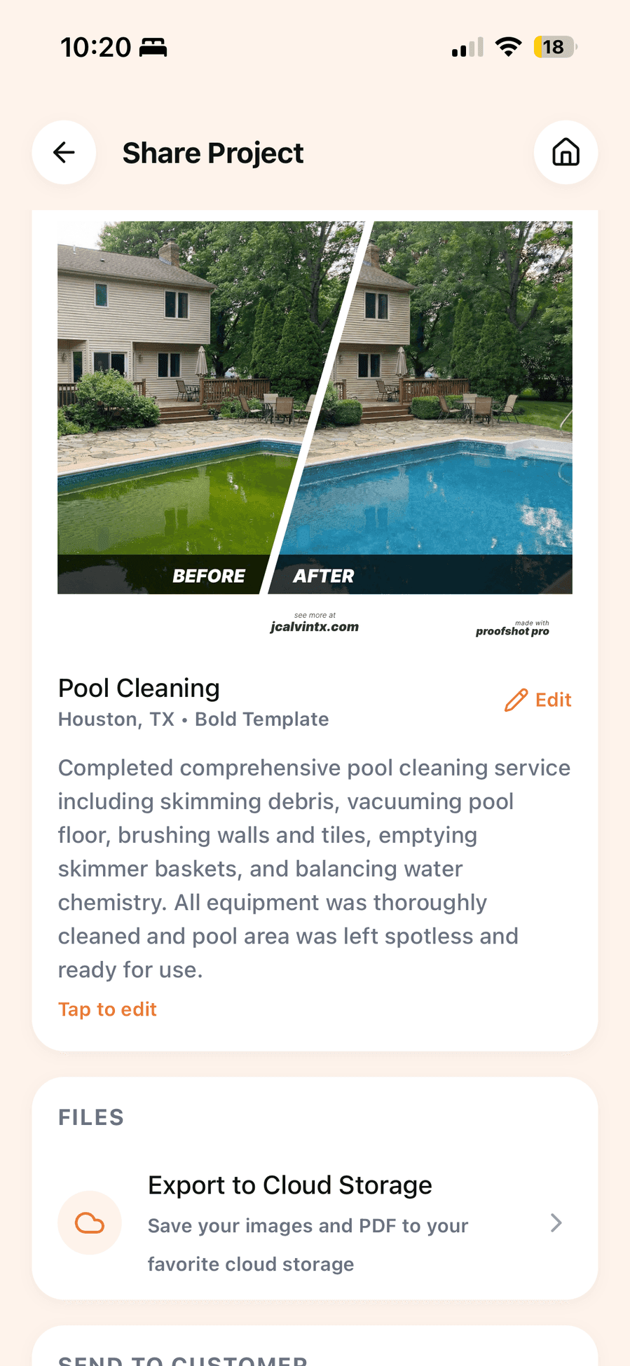 ProofShot Pro app showing a pool service project